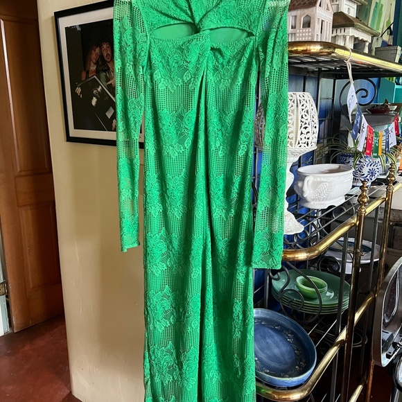GANNI Green Cutout Twisted Lace Midi Dress Long Sleeve  36 - Picture 2 of 10
